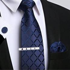 Checkered - Men Ties Shein Men's 8cm Navy Blue Plaid Necktie With Pocket Square - Cufflinks/Tie Clip Set