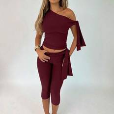 Polyester - Women Suits Shein Women Summer Simple Solid Color Asymmetrical Neck Top And 7/8 Pants - Summer Simple