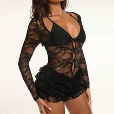 Lace Jumpsuits & Overalls Shein Sexy Deep V-Neck Lace Jumpsuit - Black