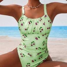 Shein Women's Gingham Cherry Print One-Piece Swimsuit - Beach/Vacation