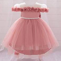 Shein Baby Girls Floral Mesh Back Bowknot Decorated Cute Party Dress - Without Hair Accessories