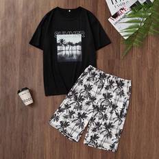 Men - Stretch Sleepwear Shein Men's Casual Vacation Style Letter Print Short Sleeve Pajama Top And Shorts Set