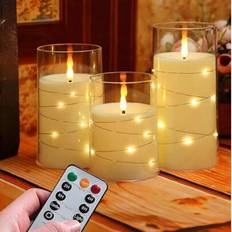 Shein 3 Pcs Flameless Candles With Remote And Timer, LED Candles With Embedded Star String Lights, Unbreakable 3D Wick Acrylic Battery Powered Pillar Candles, For Romantic Ambiance And Home Decor Ivory LED Candle 15.2cm 3pcs