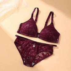 Wireless Lingerie Sets Shein Women Front Closure Lace Trim Wireless Bra And Panty Lingerie Set - 2 Pieces