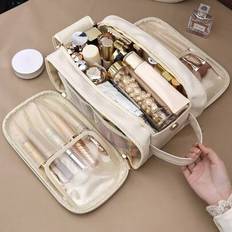 Cosmetic Bags on sale Shein Cream Waterproof PU Leather Multifunctional Makeup Bag - Double-Layer