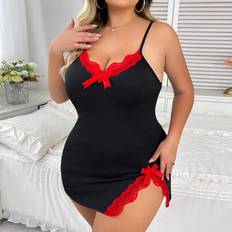 Nightgowns Shein Plus Size Solid Color Bow Lace Patchwork V-Neck Side Slit - Nightgown