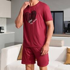 Men - Stretch Sleepwear Shein Casual Men's Homewear Set - Printed With Line/Heart