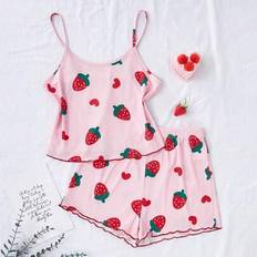 Pink Night Garments Shein Teenager Girls Casual Strawberry Heart Print Camisole And Shorts Pajama Set - Pink