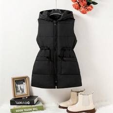 Padded Vests Shein Tween Girls Elongated Zip-Up Hoodie Vest - With Pockets