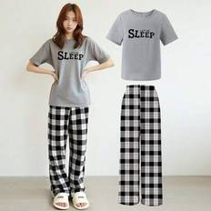 Black Pyjamases Shein Teen Girls 2 Pieces Pajama Set - Black/White