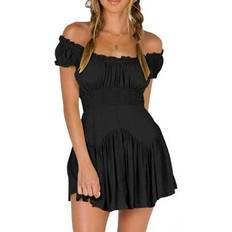High Collar Dresses Shein Women Summer Short Dress Solid Color Ruched Bust Boat Neck Off Shoulder Puff Sleeve A-Line One Piece - Ladies
