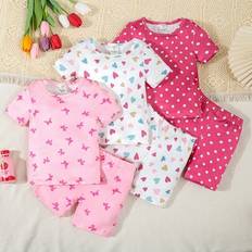 Polka Dots Pyjamases Shein Young Girl Cute Pink Bow Polka Dot Heart Print Casual Short Sleeve Shorts - Pink Bow