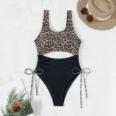 Shein Leopard Print Patchwork Hollow One Piece Swimsuit - Summer