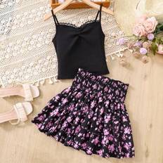 Florals Other Sets Shein Teen Girls Shirred Lace Trim Camisole And Ditsy Floral A-Line Skirt