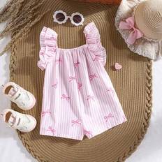 Shein Cute Striped Bow Ruffle Baby Girls Romper - Pink/White