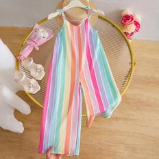 Girls Jumpsuits Children's Clothing Shein Toddler Girls Holiday Style Woven Colorful Striped Digital Floral Print Spaghetti Strap Jumpsuit - Colorful