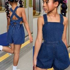 Girls Jumpsuits Children's Clothing Shein Tween Girl Summer Beach Boho Cool & Street-Style Stonewashed Jumpsuit With Cross - Back Straps