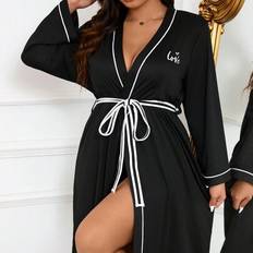 4XL Robes Shein Contrast Trim Plus Size Waist-Tie Long Sleeve Long Sleepwear Robe