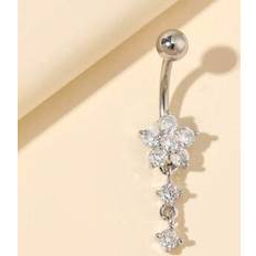 Silver - Women Piercings Shein Fashionable Elegant Stainless Steel Flower Navel Piercing