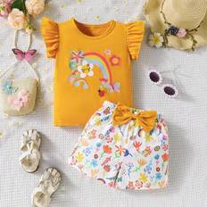 Girls - Yellow Other Sets Shein Young Girl Casual Rainbow Floral Pattern Sleeveless Yellow T-Shirt And Bow Decor Rainbow Shorts Set - Yellow