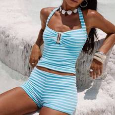 Shein 2pcs Knitted Striped Contrast Color Resin Hollow Out Beachwear Bikini Set