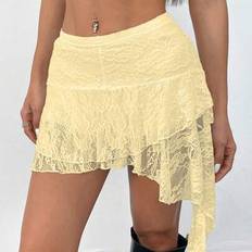 INAWLY Women Solid Color Lace Asymmetrical Hem Skirt