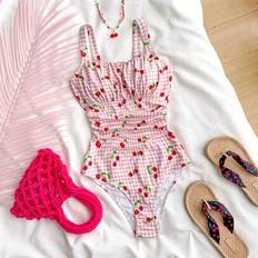 Shein Teen Girls Pink Sweet Plaid Cherry Print One-Piece Swimsuit - Pink