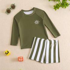 UV Sets Shein Young Boy Beach Vacation Sun Print Long Sleeve Shirt & Striped Shorts Swimwear Set