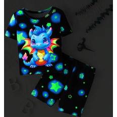 Black Pyjamases Shein Young Boy Pajamas Snug Fit Short Sleeve Shorts Sleepwear Set - Glow-In-The-Dark Unicorn