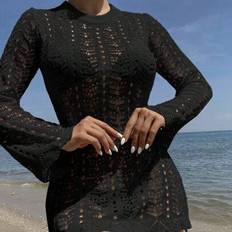 Shein Women's Vacation Beach Solid Color Deep V-Back Long Sleeve Coverup Dress - Summer Beach