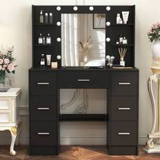 Shein Large Black With LED Mirror And 7 Drawers Makeup Vanity Desk Set Dressing Table