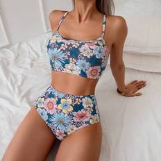 Elastane/Lycra/Spandex Tankinis Shein Beach Vacation Floral Print Casual High Waist Tankini Top