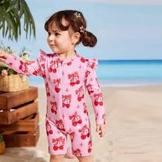 Shein Baby Girls One-Piece Swimsuit With Cute Floral Ruffle Hat - Pink Cherry