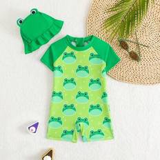Elastane UV Suits Children's Clothing Shein Frog Print Short Sleeve Zipper Swimsuit With Hat