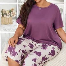 Florals Sleepwear Shein Plus Size Women Floral Print Short Sleeve Top And 3/4 Pants Casual Pajama Set