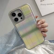 Apple iPhone 16 Pro Mobile Phone Cases Shein Gucadi Plaid Pattern Korean Style Sweet Liquid Glue Electroplated Silver Edge Phone Case