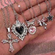 Stainless Steel Jewellery Sets Shein Y2K Crystal Butterfly Heart Pendant Necklace Set - Fashionable