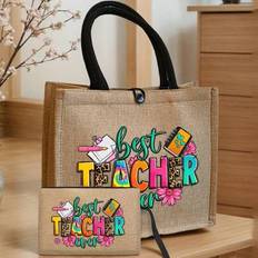 Fabric Tote Bags Shein Creative Teacher Alphabet Printed Linen Handbag - Khaki Color Block