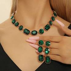 Green Jewellery Sets Shein Green Glass Asymmetrical Earrings & Necklace Jewelry Set - Women