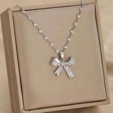 Shein Girls Sweet Fashion Golden Plated Bow Tie Pendant Copper & Zirconia Silver Necklace - Silver