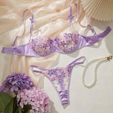 Shein Romantic Floral Embroidery Women Sexy Lingerie Set - Purple