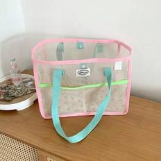 Pink Beach Bags Shein Large Capacity Striped Mesh Beach Bag With Pocket - Pink/Yellow Stripes