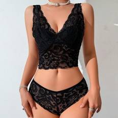 Lace Lingerie Sets Shein Women's Romantic Lace Comfortable And Elegant Lingerie Set - Black
