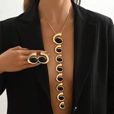 Black Jewellery Sets Shein Metal Geometric Asymmetrical Spiral Smooth Black Oval Acrylic Oversized Extra Long Pendant Necklace And Earrings Jewelry Set - Black