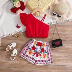 Red Other Sets Shein Vibrant Resort Style Red Ruffle Sleeve Strap Top Paired With Floral Printed Shorts Set - Red