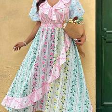 High Collar Dresses Shein Fashionable Summer Casual Vacation Ruffled Splice Contrasting Color Puff Sleeve Dress