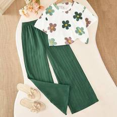 Florals Children's Clothing Shein Girls Floral Full Print T-Shirt And High Waist Textured Wide Leg Pants Set - Girls