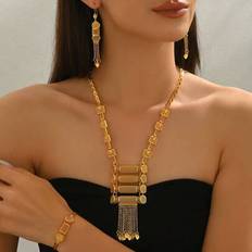 18k - Women Jewellery Sets Shein 18K Gold Plated 4pcs Set Fashion Vintage Hollow Geometric Earrings Necklace Bracelet - Women
