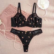 Shein Women Plus Size Solid Floral Print Lace Trim Lingerie Set