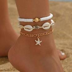 Anklets Shein Summer Ocean Style Soft Pottery Shell Beaded Metal White Drip Glaze Starfish Pendant Anklet - White